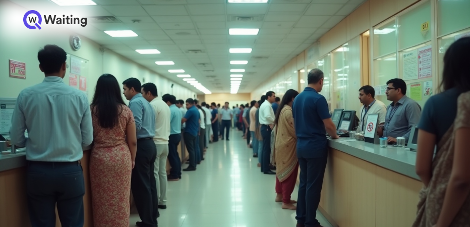 A long queue of people waiting in a government office, highlighting the need for queue management systems.