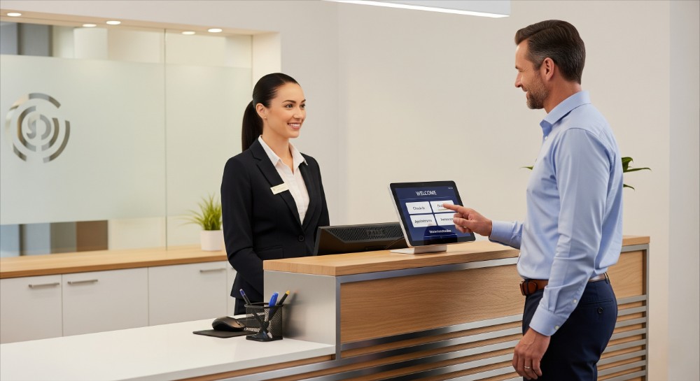 A Guest interacting with visitor check-in kiosk at reception