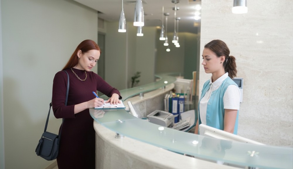 A woman filling form at reception to check-in manually