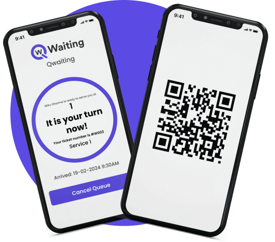 Mobiles Displaying QR Code and Virtual Queue Ticket