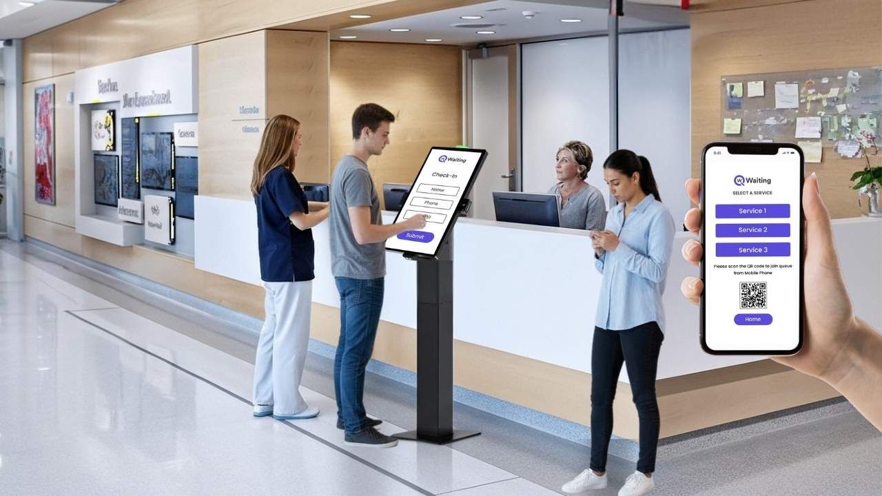 One Person Using Kiosk and Another Person Using Mobile Check in