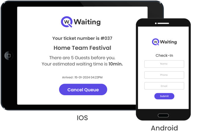 screens showing ticket no. and estimated wait time