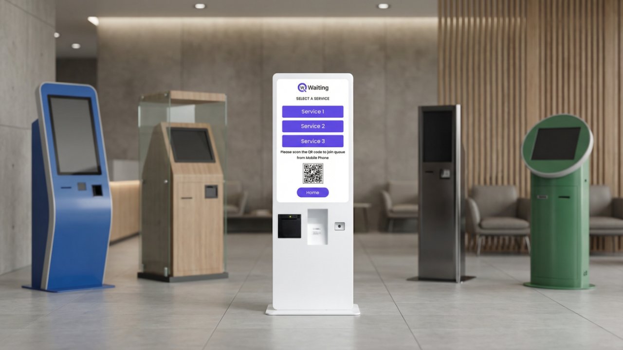 qwaiting&rsquo;s modern standing kiosk with other kiosks